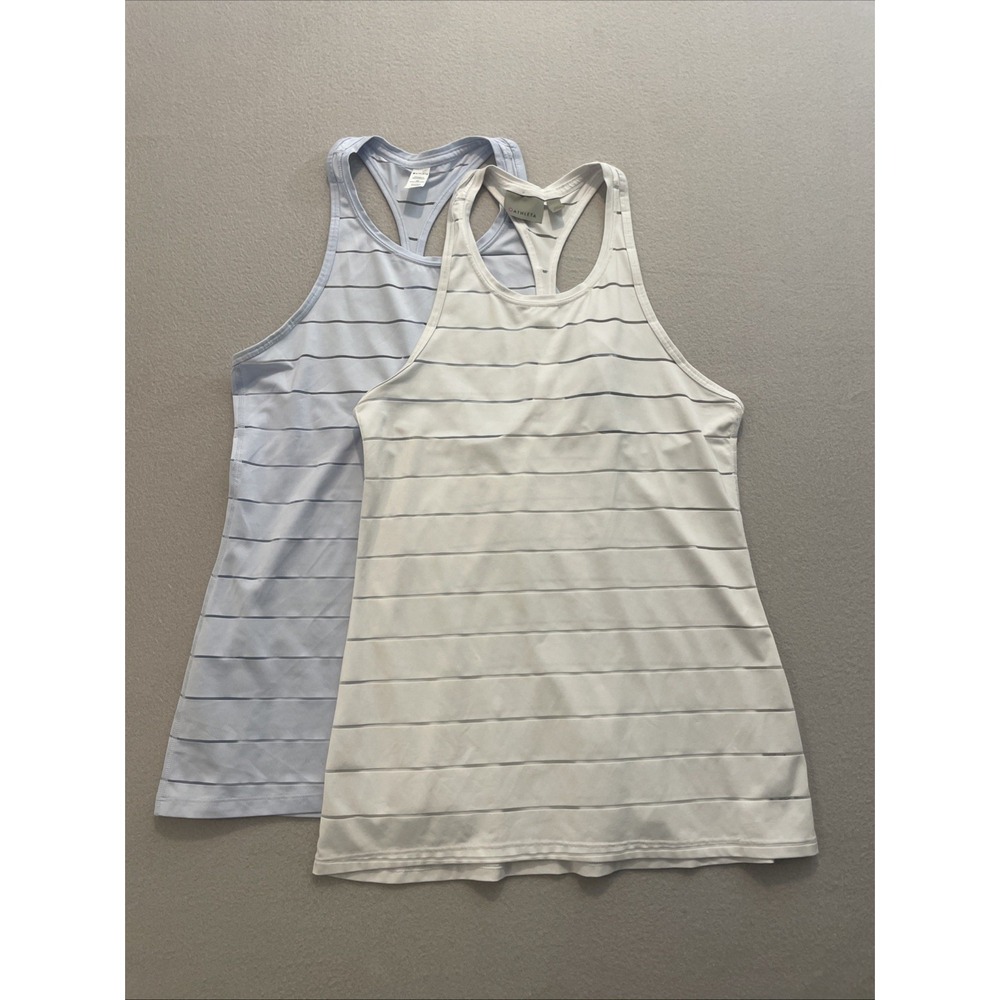 (2) Athleta Womens XS Tank Too Mesh Stripe Racerback Workout Running White/blue